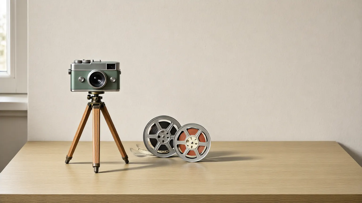 Alte 16-mm-Filmkamera auf einem Holzstativ neben zwei Filmrollen