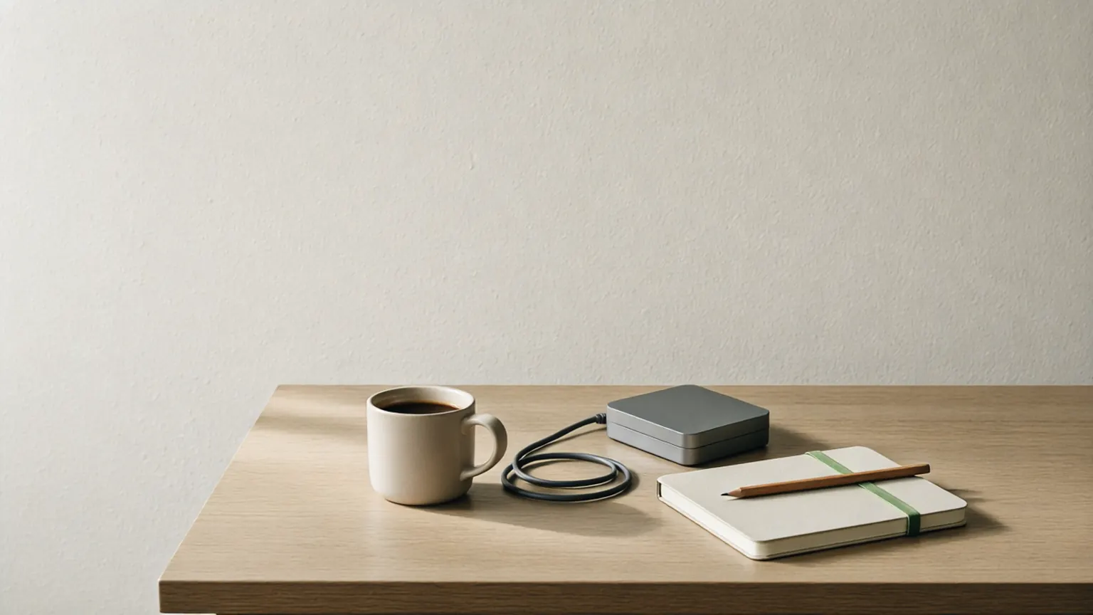 Kleiner Mini-Computer mit Kabel, Tasse und Notizbuch auf einem Holzschreibtisch